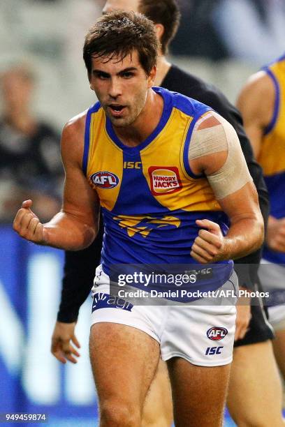 Andrew Gaff of the Eagles celebrates a goal during the round five AFL match between the Carlton Blues and the West Coast Eagles at Melbourne Cricket...