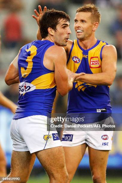 Andrew Gaff of the Eagles celebrates a goal during the round five AFL match between the Carlton Blues and the West Coast Eagles at Melbourne Cricket...