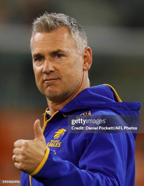 Eagles head coach Adam Simpson gestures to Nic Naitanui of the Eagles during the round five AFL match between the Carlton Blues and the West Coast...