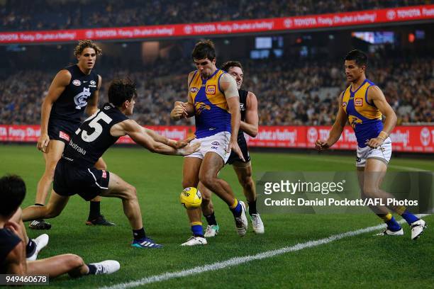 Andrew Gaff of the Eagles kicks the ball during the round five AFL match between the Carlton Blues and the West Coast Eagles at Melbourne Cricket...