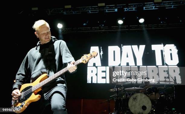 Bassist Joshua Woodard and drummer Alex Shelnutt of A Day to Remember perform during the Las Rageous music festival at the Downtown Las Vegas Events...