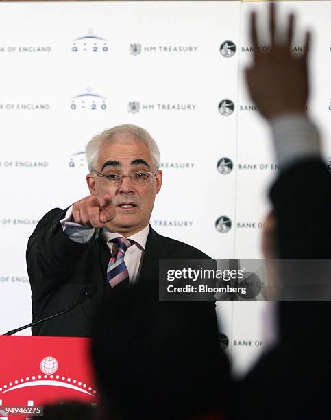 Alistair Darling, the U.K.'s chancellor of the exchequer, gestures during his press conference following the G20 Finance Ministers meeting at South...