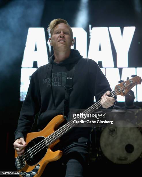Bassist Neil Westfall of A Day to Remember performs during the Las Rageous music festival at the Downtown Las Vegas Events Center on April 20, 2018...