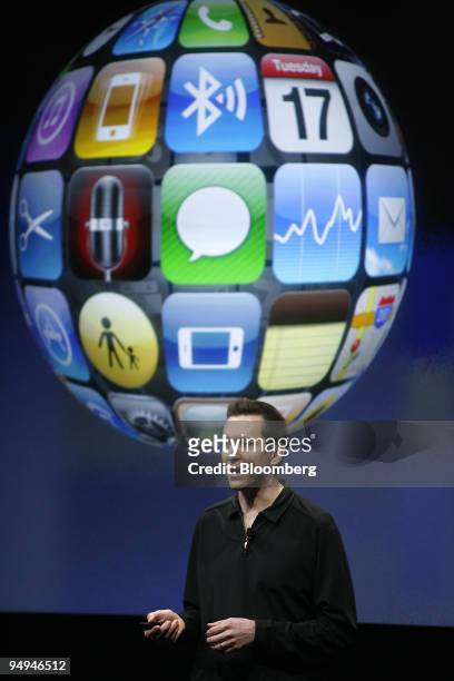Scott Forstall, senior vice president in charge of Apple Inc. IPhone software, talks about new iPhone OS 3.0 features at the Apple headquarters in...