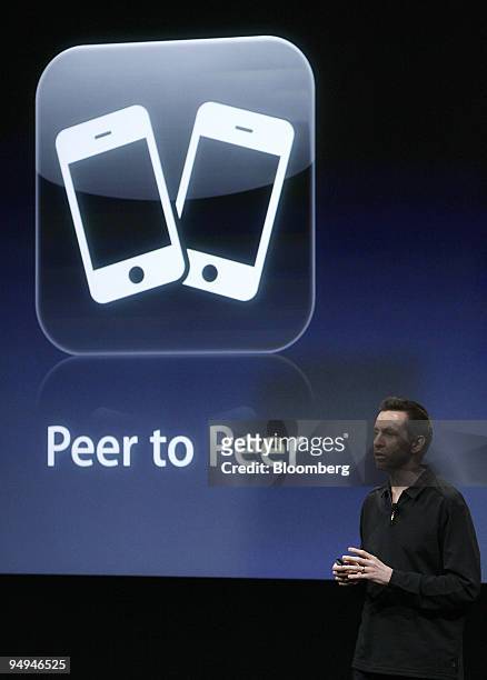 Scott Forstall, senior vice president in charge of Apple Inc. IPhone software, talks about the new iPhone OS 3.0 peer-to-peer feature at the Apple...