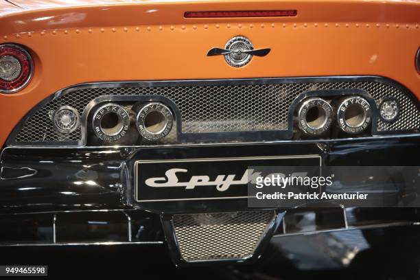 The supercar Spyker is displayed during the opening day of the Top Marques Monaco at the Grimaldi Forumon April 21, 2018 in Monte-Carlo, Monaco.The...