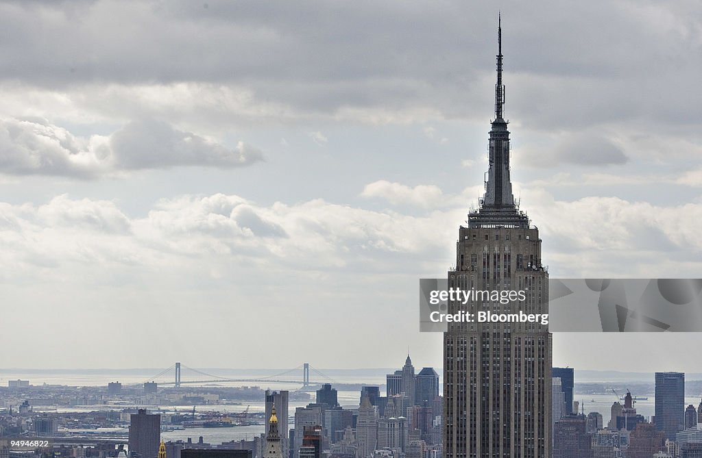 The Verrazano-Narrows Bridge, left, stands in the distance o