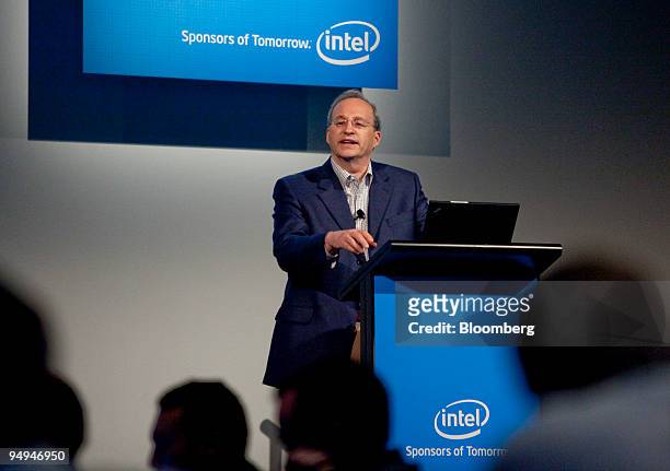Justin Rattner, vice president and chief technology officer of Intel Corp., speaks at the Computer History Museum in Mountain View, California, U.S.,...
