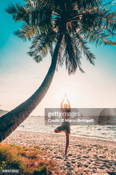 man practicing yoga on the beach - ko lipe stock pictures, royalty-free photos & images