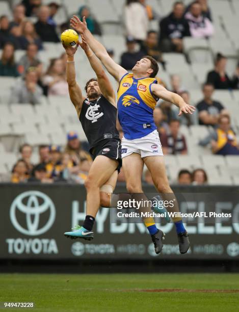 Jeremy McGovern of the Eagles and Levi Casboult of the Blues in action during the 2018 AFL round five match between the Carlton Blues and the West...
