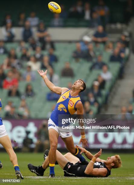 Scott Lycett of the Eagles and Andrew Phillips of the Blues compete for the ball during the 2018 AFL round five match between the Carlton Blues and...