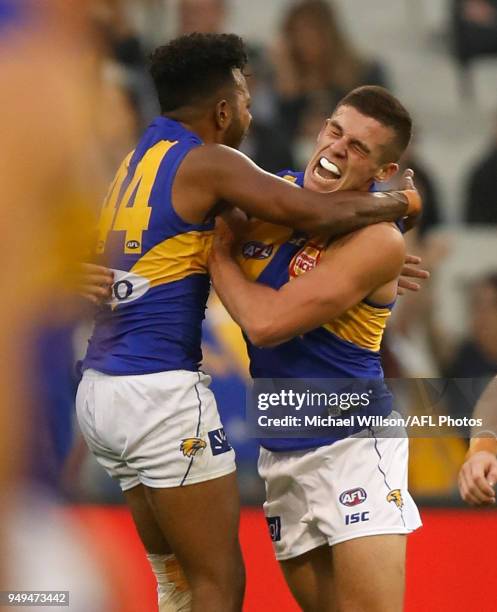 Willie Rioli and Jake Waterman of the Eagles celebrate during the 2018 AFL round five match between the Carlton Blues and the West Coast Eagles at...