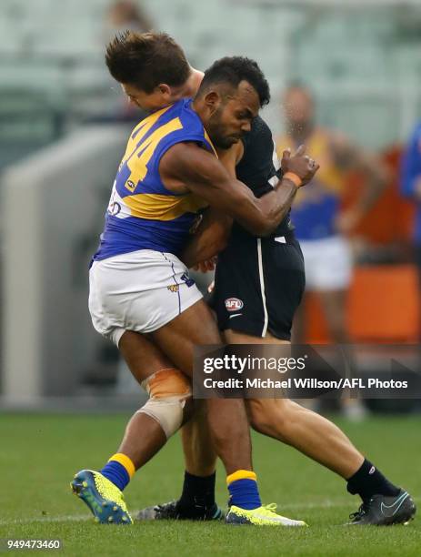 Willie Rioli of the Eagles and Paddy Dow of the Blues collide during the 2018 AFL round five match between the Carlton Blues and the West Coast...