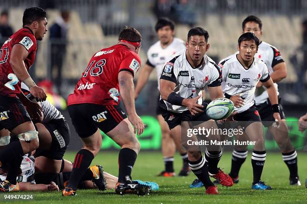 Yoshitaka Tokunaga of the Sunwolves looks to pass during the round 10 Super Rugby match between the Crusaders and the Sunwolves at AMI Stadium on...