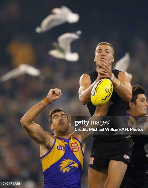 Harry McKay of the Blues and Scott Lycett of the Eagles in action during the 2018 AFL round five match between the Carlton Blues and the West Coast...