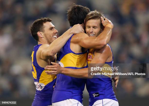 Luke Shuey, Josh Kennedy and Mark LeCras of the Eagles celebrate during the 2018 AFL round five match between the Carlton Blues and the West Coast...
