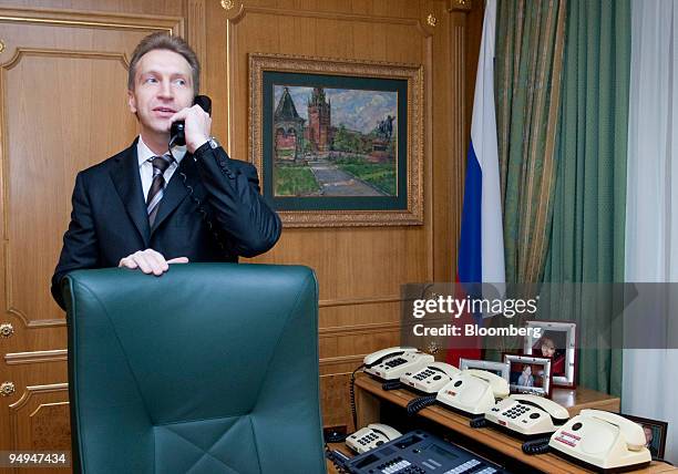 Igor Shuvalov, Russia's first deputy prime minister, speaks on the telephone from his office following an interview in Moscow, Russia, on Wednesday,...