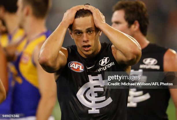 Ed Curnow of the Blues looks dejected after a loss during the 2018 AFL round five match between the Carlton Blues and the West Coast Eagles at the...