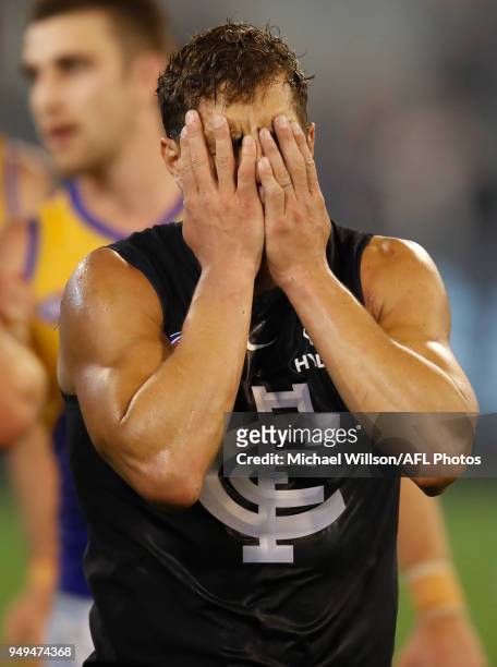 Ed Curnow of the Blues looks dejected after a loss during the 2018 AFL round five match between the Carlton Blues and the West Coast Eagles at the...
