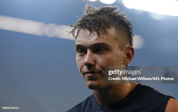 Patrick Cripps of the Blues looks dejected after a loss during the 2018 AFL round five match between the Carlton Blues and the West Coast Eagles at...