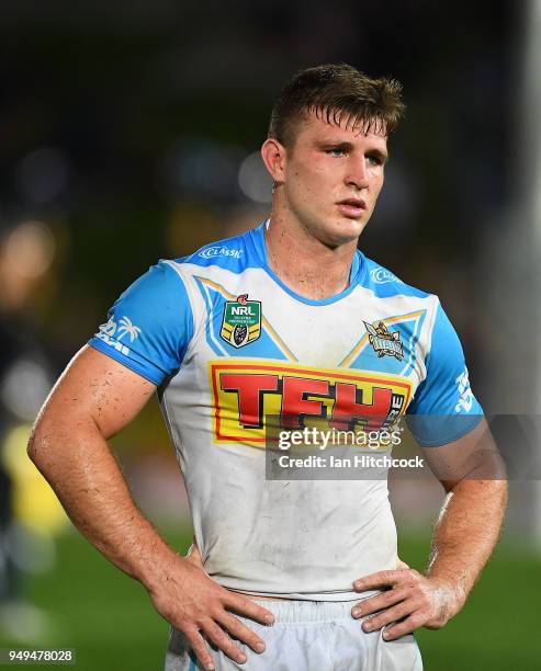 Jai Arrow of the Titans looks dejected after losing the round seven NRL match between the North Queensland Cowboys and the Gold Coast Titans at...