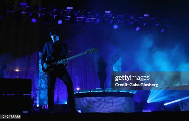 Bassist and keyboardist Matt McJunkins and singer Maynard James Keenan of A Perfect Circle perform during the Las Rageous music festival at the...