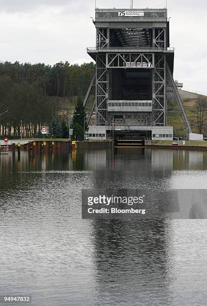 Year-old ship lift, which still carries ships over the 36 meter vertical difference between the Oder River and the Havel-Oder canal, seen in...