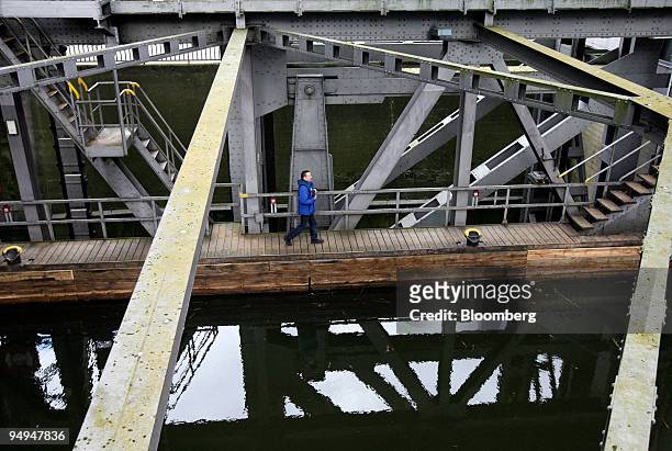 Joerg Schumacher, head operator of the 75-year-old ship lift that still carries ships over the 36 meter vertical difference between the Oder River...