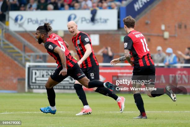 Tyrone Marsh of Macclesfield Town celebrates scoring the opening goal during the Vanarama National League match between Eastleigh and Macclesfield...