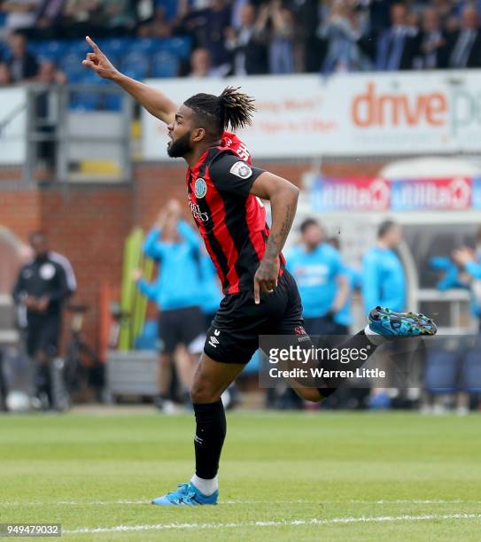 Tyrone Marsh of Macclesfield Town celebrates scoring the opening goal during the Vanarama National League match between Eastleigh and Macclesfield...