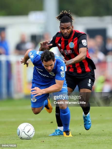 Sam Wood of Eastleigh is challenged by Tyrone Marsh of Macclesfield Town during the third round of the Trophee Hassan II at Royal Golf Dar Es Salam...