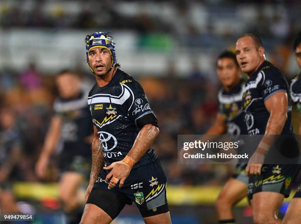 Johnathan Thurston of the Cowboys looks on during the round seven NRL match between the North Queensland Cowboys and the Gold Coast Titans at...