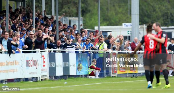 Macclesfield Town fans celebrate after Tyrone Marsh of Macclesfield Town scores the opening goal during the Vanarama National League match between...