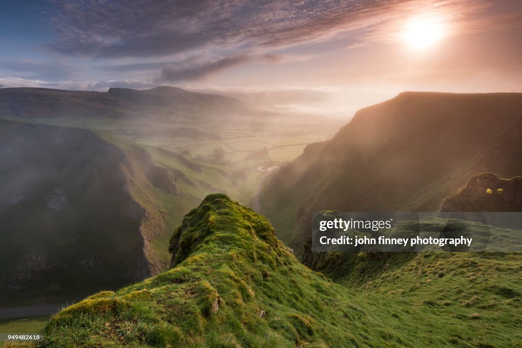 Winnats Pass and Hope valley sunrise, English Peak District. UK.