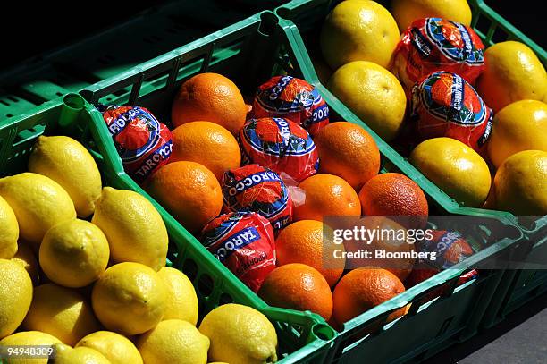 Oranges, lemons and grapefruit sit prior to shipment from a farm in Aprilia, south of Rome, Italy, on Friday, April 24, 2009. European Union...