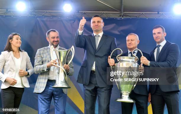 Ukrainian National football team forward Iya Andruschak, the president of the Football Federation of Ukraine Andriy Pavelko, the Mayor of Kiev and...