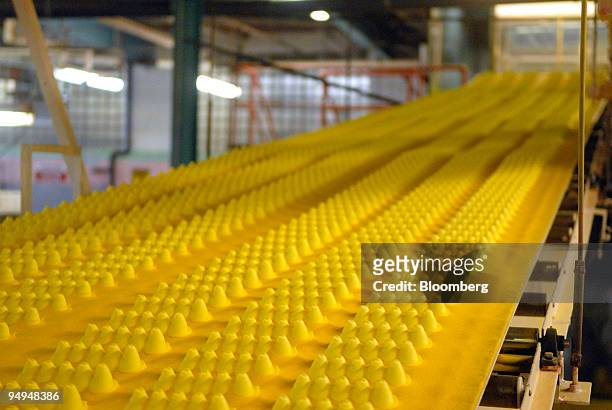 Marshmallow candy Peeps chicks move down a conveyor belt inside the Just Born Inc. Manufacturing facility in Bethlehem, Pennsylvania, U.S., on...