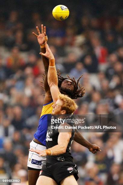 Nic Naitanui of the Eagles wins a centre bounce hit-out during the round five AFL match between the Carlton Blues and the West Coast Eagles at...