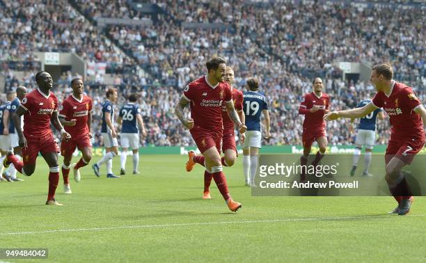 Danny Ings of Liverpool celebrates the opener during the Premier League match between West Bromwich Albion and Liverpool at The Hawthorns on April...