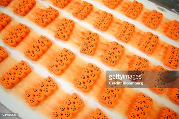 Marshmallow candy Peeps pumpkins move down a conveyor belt to be shipped inside the Just Born Inc. Manufacturing facility in Bethlehem, Pennsylvania,...
