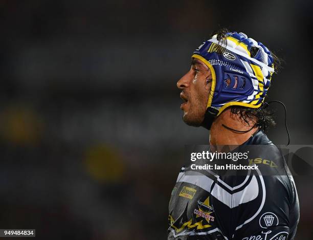 Johnathan Thurston of the Cowboys looks on during the round seven NRL match between the North Queensland Cowboys and the Gold Coast Titans at...