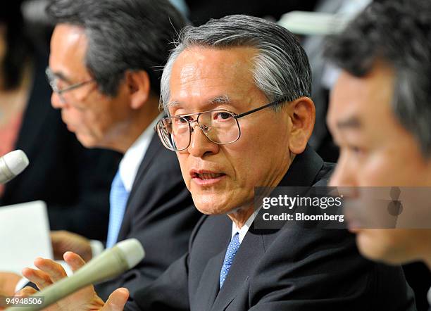 Nobuo Kuroyanagi, president and chief executive officer of Mitsubishi UFJ Financial Group Inc., speaks during the company's earnings news conference...