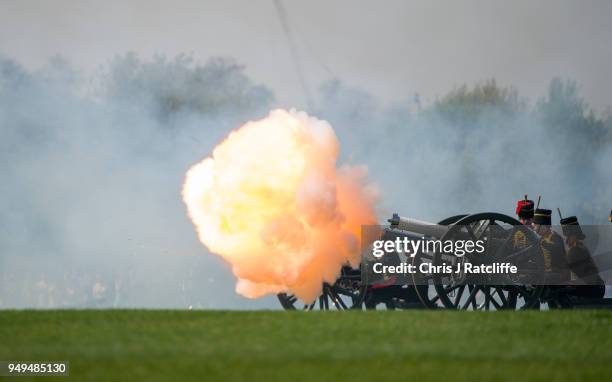 Gun fires during a 41 Royal gun salute to mark the 92nd birthday of Queen Elizabeth II at Hyde Park on April 21, 2018 in London, England. The King's...