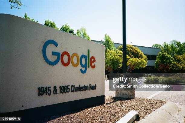 Close-up of sign and logo at the Googleplex, the Silicon Valley headquarters of search engine and technology company Google Inc in Mountain View,...
