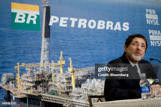 Jose Sergio Gabrielli, chief executive officer of Petroleo Brasileiro SA , speaks during a news conference at the New York Stock Exchange in New...