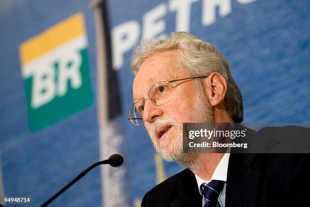 Almir Guilherme Barbassa, chief financial officer of Petroleo Brasileiro SA , speaks during a news conference at the New York Stock Exchange in New...