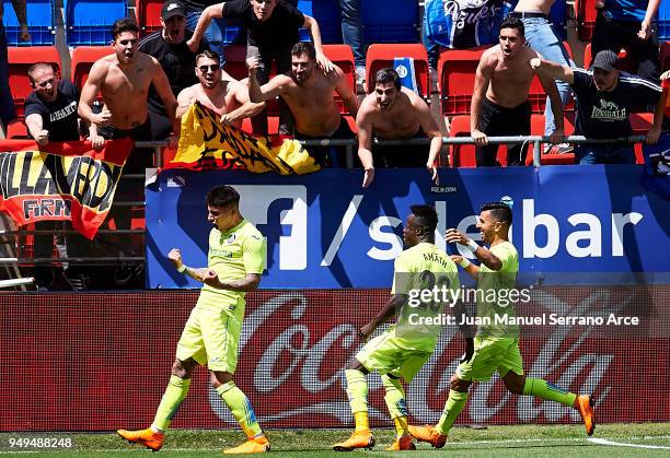 Mathias Olivera of Getafe CF celebrates after scoring goal during the La Liga match between SD Eibar and Getafe CF at Ipurua Municipal Stadium on...