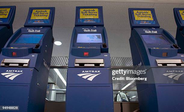Automated ticketing booths stand at the Amtrak sales area at Pennsylvania Station in New York, U.S. On Wednesday, March 25, 2009. International...