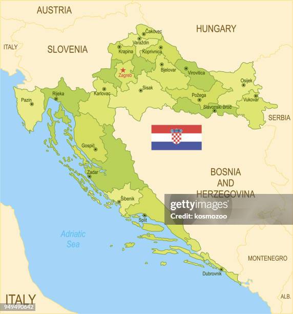 flat map of croatia with flag - croatia map stock illustrations