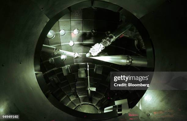 Instruments are viewed inside the target chamber at the National Ignition Facility at the Lawrence Livermore National Laboratory in Livermore,...